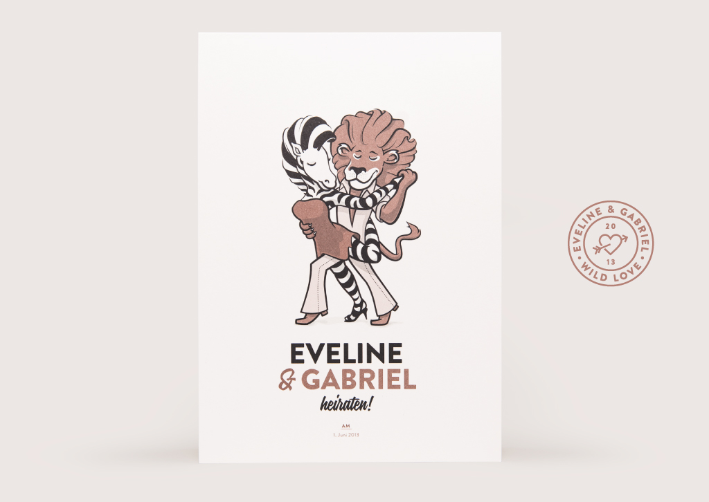 Titelseite der Einladungskarte einer Hochzeit mit Illustration Zebra und Löwe