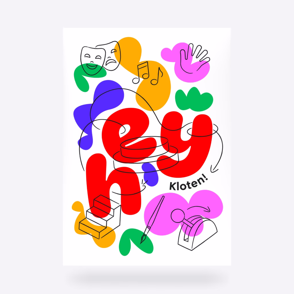 Buntes Plakat mit organischen Farbflächen und einem runden, roten Schriftzug «hey kloten».